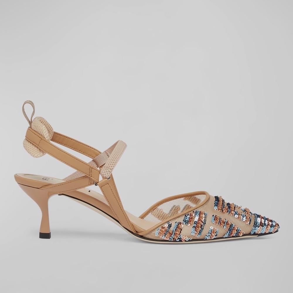 Fendi Tan metallic and Blue Embellished Kitten Heels
